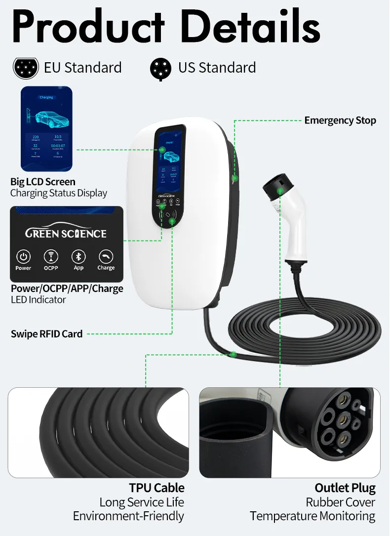 Cargador para vehículos eléctricos de pared Tipo 2 Gbt CA Carga rápida con tarjeta APP/RFID Cargador para vehículos eléctricos 