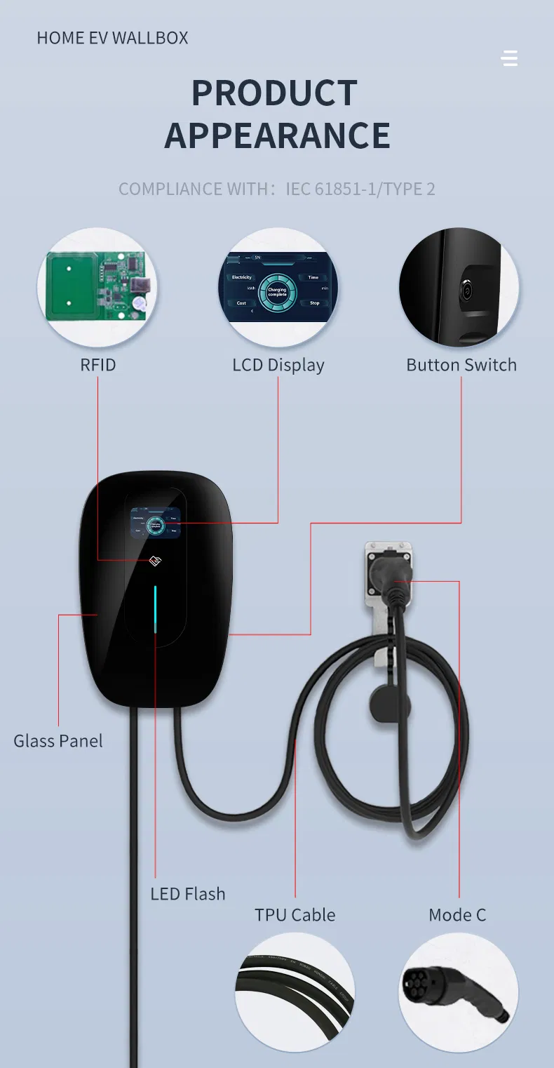 Estación de carga EV Wallbox Corriente monofásica ajustable con pantalla LCD 