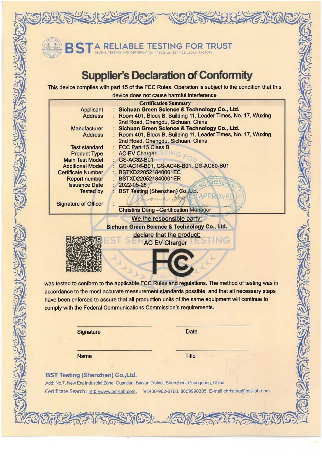 Sichuan, China Cargador tipo 2 Green Science EV de 11 Kw aprobado por RoHS