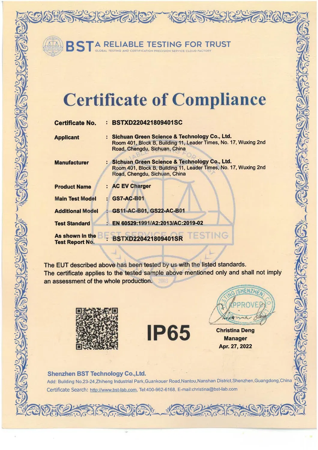 Sichuan, China Cargador tipo 2 Green Science EV de 11 Kw aprobado por RoHS